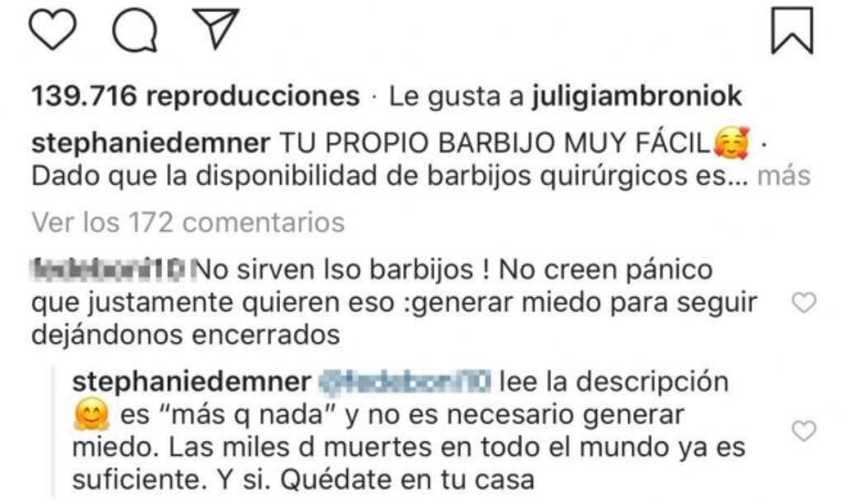 Fuerte respuesta de Stephanie Demner, tras ser acusada de generar pánico por los barbijos: "Miles de muertes son suficientes"