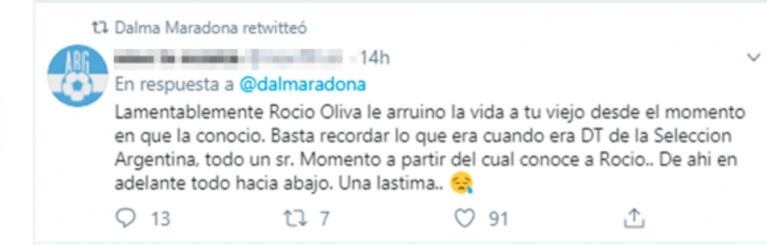 Fuerte retweet de Dalma Maradona contra Rocío Oliva en medio del escándalo con Diego: "Desde que la conoció, le arruinó la vida"