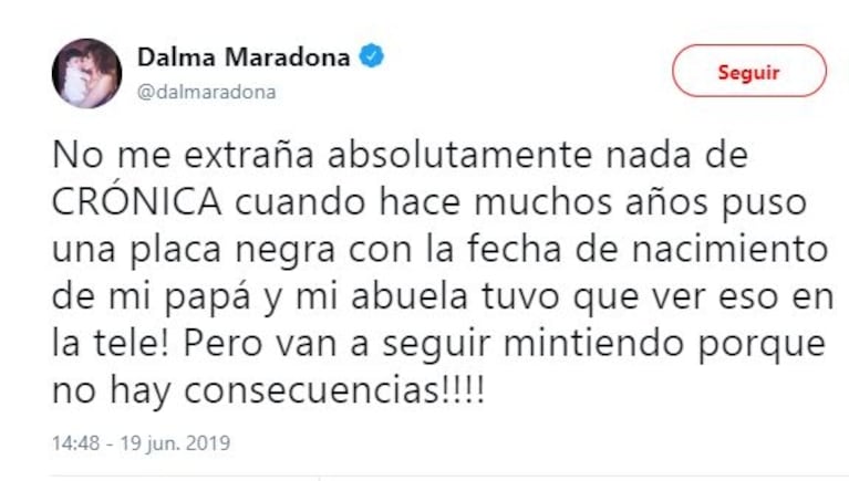 Fuerte tweeet de Dalma Maradona contra el diario Crónica, tras la versión de que Diego Maradona tendría Alzheimer