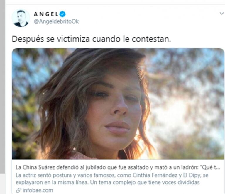Fuerte tweet de Ángel de Brito para China Suárez por el caso del jubilado que mató al ladrón: "Después se victimiza cuando le contestan"