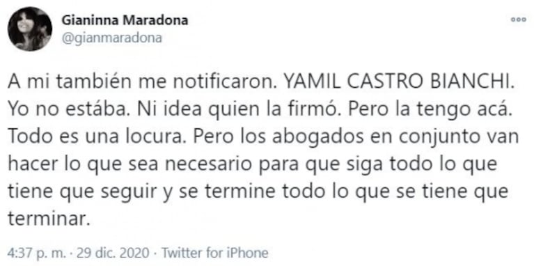 Fuerte tweet de Gianinna Maradona tras la repudiable notificación de Morla a Dieguito Fernando: "Es una locura"