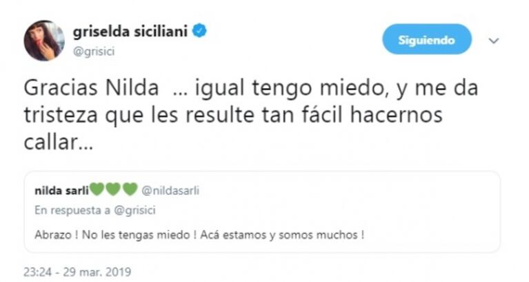 Fuerte tweet de Griselda Siciliani tras criticar la defensa de Burlando a Darthés: "Cada vez que hablo de ellos, me llegan mensajes violentos y amenazas"