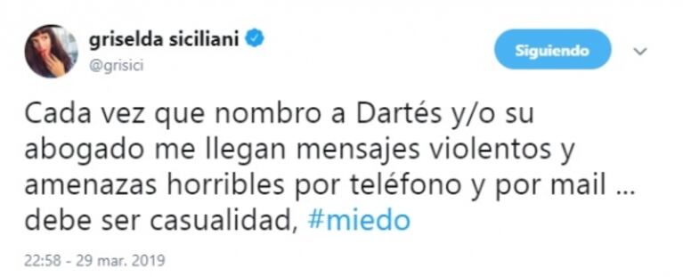 Fuerte tweet de Griselda Siciliani tras criticar la defensa de Burlando a Darthés: "Cada vez que hablo de ellos, me llegan mensajes violentos y amenazas"