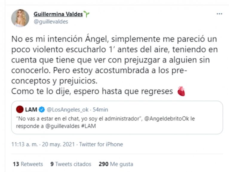 Fuerte tweet de Guillermina Valdés tras el tremendo cruce con Pampita en La Academia: "Me pareció violento"