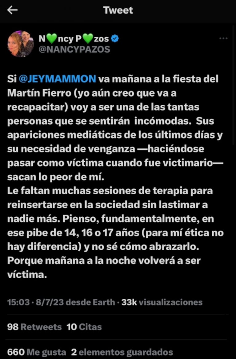 Fuerte tweet de Nancy Pazos ante la posible presencia de Jey Mammón al Martín Fierro 2023