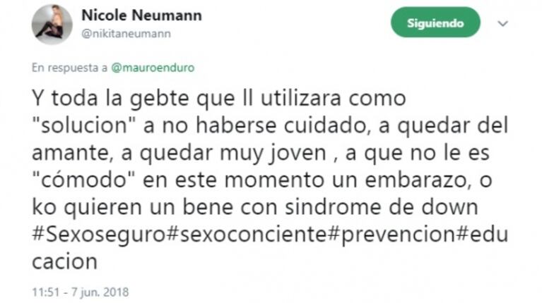 Fuerte tweet de Nicole Neumann con su postura en contra de la legalización del aborto