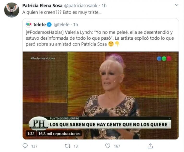 Fuerte tweet de Patricia Sosa mientras Valeria Lynch hablaba en PH Podemos hablar de su pelea: "Esto es muy triste"