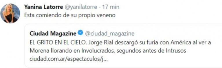 Fuerte tweet de Yanina Latorre contra Rial, tras la furia del periodista con América por la nota a Morena
