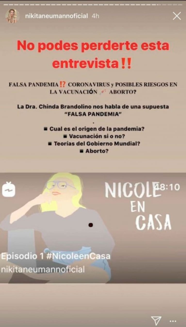 Fuertes críticas a Nicole Neumann por una polémica entrevista a una médica que habló de una "falsa pandemia" y contra las vacunas