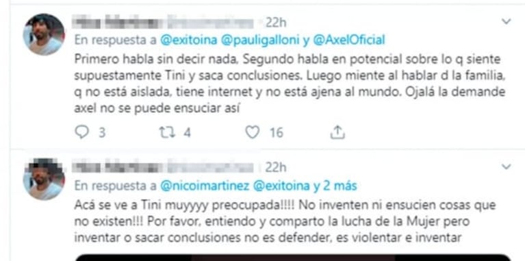 Fuertes "me gusta" de Axel tras la polémica con Tini Stoessel y la acusación de la periodista: "Mentiras por rating"