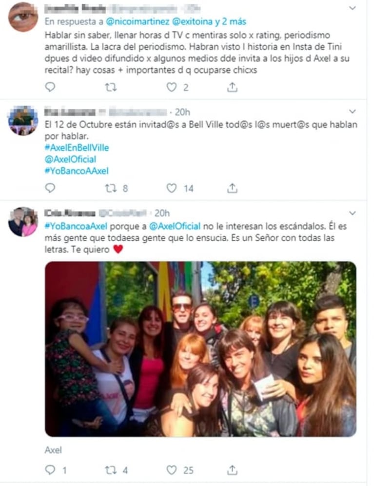 Fuertes "me gusta" de Axel tras la polémica con Tini Stoessel y la acusación de la periodista: "Mentiras por rating"