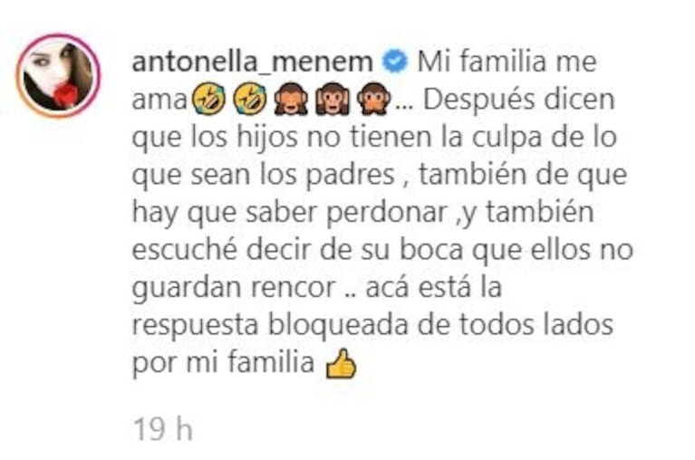 Fuertes mensajes de Antonella Menem sobre su familia paterna: "Me tienen bloqueada de todos lados"