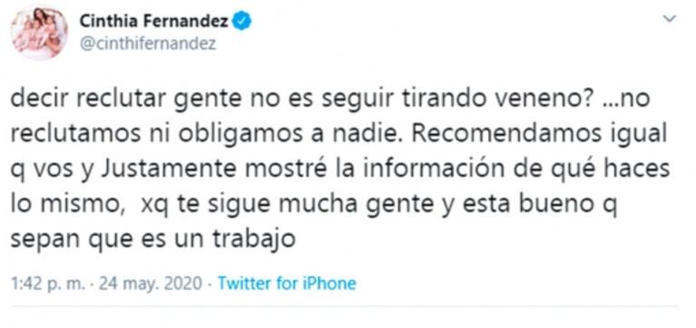 Fuertes mensajes de Cinthia Fernández contra China Suárez tras su catarata de tweets: "¡Estar embarazada no te santifica!"