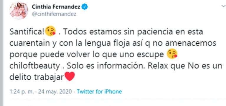 Fuertes mensajes de Cinthia Fernández contra China Suárez tras su catarata de tweets: "¡Estar embarazada no te santifica!"