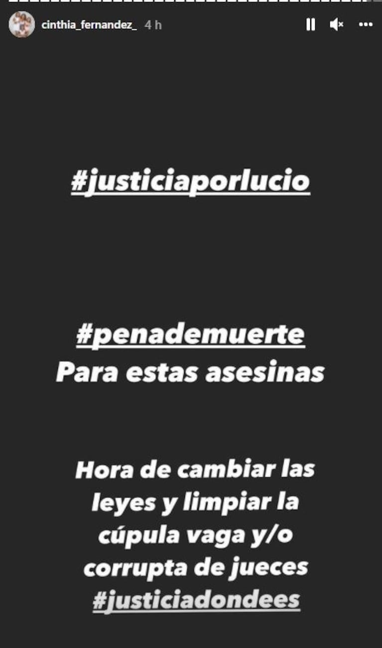 Fuertes mensajes de Cinthia Fernández por la muerte de Lucio Dupuy: "Pena de muerte para estas asesinas"