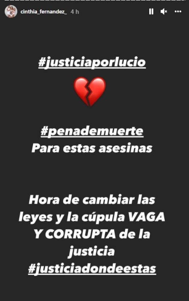 Fuertes mensajes de Cinthia Fernández por la muerte de Lucio Dupuy: "Pena de muerte para estas asesinas"
