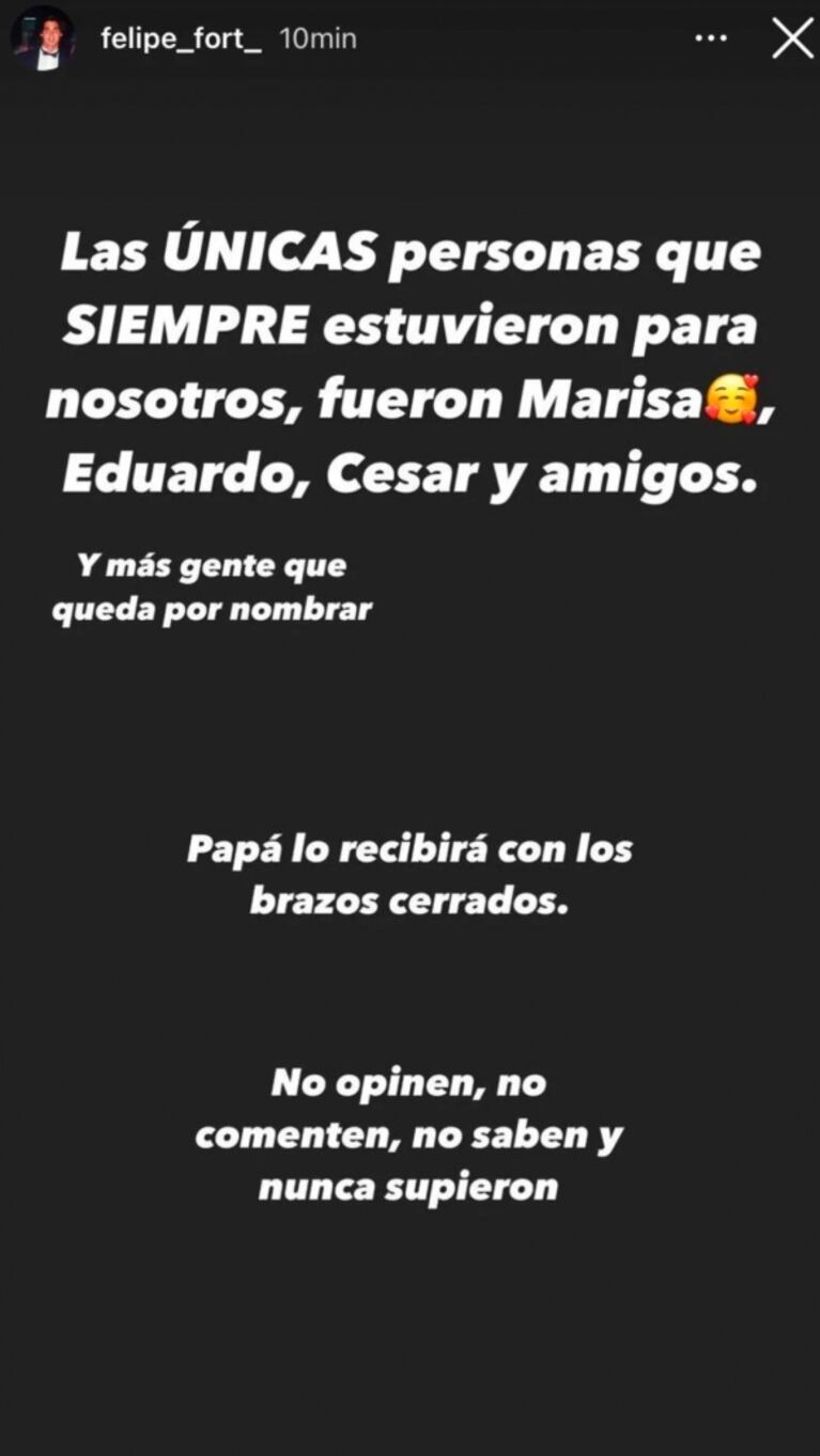 Fuertes posteos de Felipe Fort por la muerte de Gustavo Martínez, su tutor: "Papá lo recibirá con los brazos cerrados"