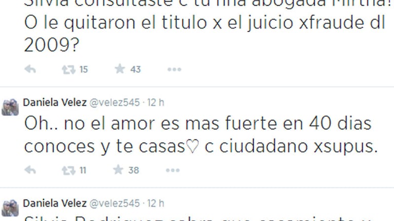 Fuertes tweets de Daniela Vélez contra Silvia Rodríguez (Foto: Twitter)