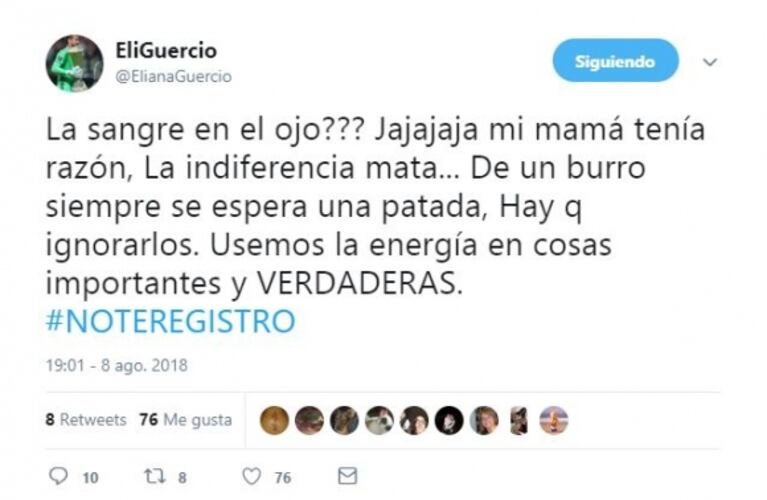 Fuertes tweets de Guercio luego de que Evangelina Anderson contara por qué Eliana se peleó con ella