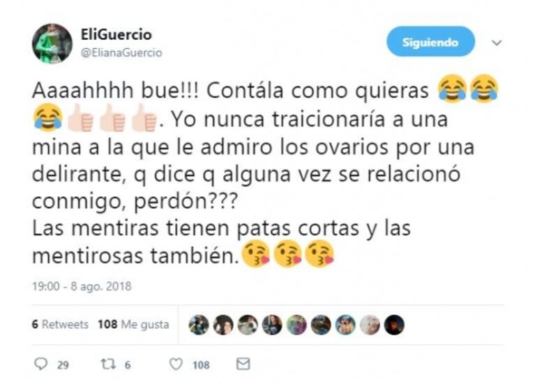 Fuertes tweets de Guercio luego de que Evangelina Anderson contara por qué Eliana se peleó con ella