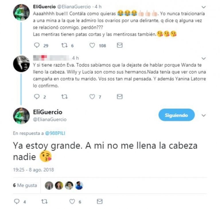 Fuertes tweets de Guercio luego de que Evangelina Anderson contara por qué Eliana se peleó con ella