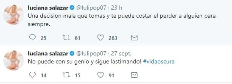 Fuertes (y misteriosos) tweets de Luciana Salazar: "¡No puede con su genio y sigue lastimando!"