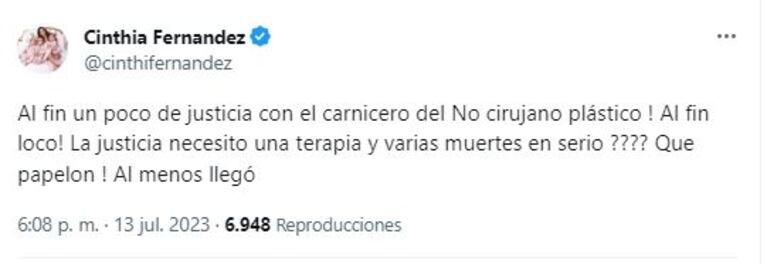 Fuertísima reacción de Cinthia Fernández tras la inhabilitación de Aníbal Lotocki para ejercer la medicina: "La Justicia necesitó una terapia y varias muertes"