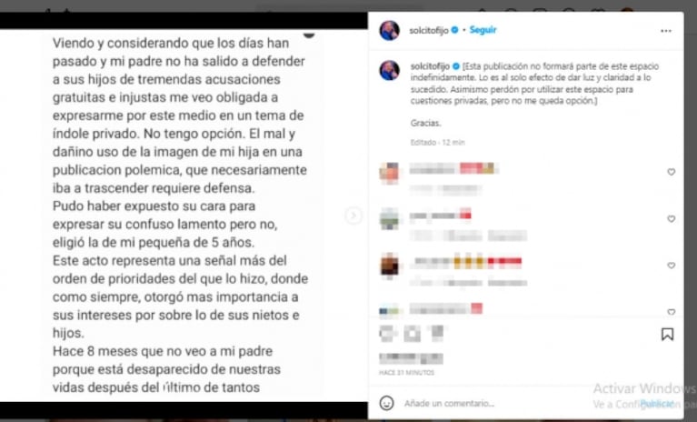 Fuertísimo descargo de la hija de Piñón Fijo contra su padre: "Está desaparecido desde el último maltrato"