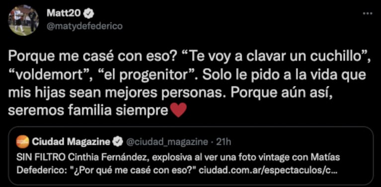 Fuertísimo mensaje de Matías Defederico contra Cinthia Fernández: "Le pido a la vida que mis hijas sean mejores personas"