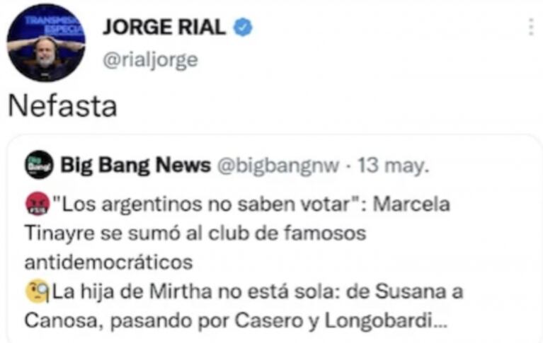 Fuertísimo tweet de Jorge Rial contra Marcela Tinayre: "Nefasta"