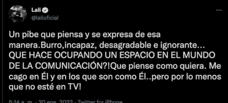 Fuertísimo tweet de Lali Espósito tras los dichos de Flavio Azzaro sobre la comunidad LGBTIQ+: "Burro, incapaz y desagradable" 