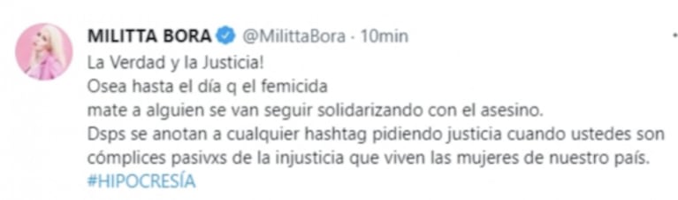 Fuertísimo tweet de Militta Bora contra quienes se solidarizaron con Chano: "Son cómplices pasivos de la injusticia"