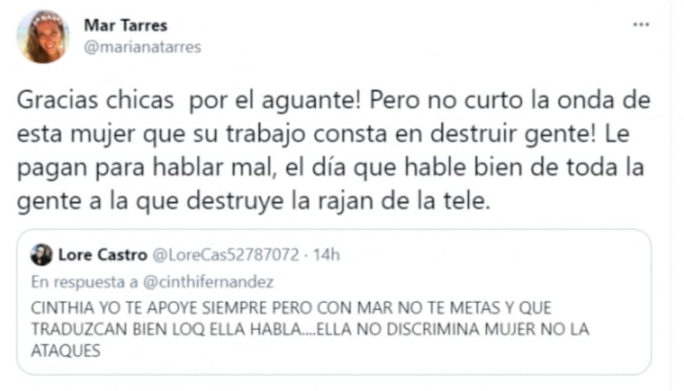 Fulminante definición de Mar Tarrés sobre Cinthia Fernánez: "Su trabajo consiste en destruir gente" 