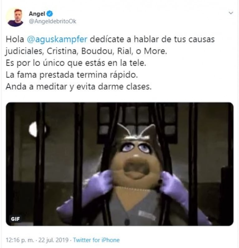 Fulminante respuesta de Ángel de Brito, tras la crítica de Agustina Kämpfer: "Dedicate a hablar de tus causas"