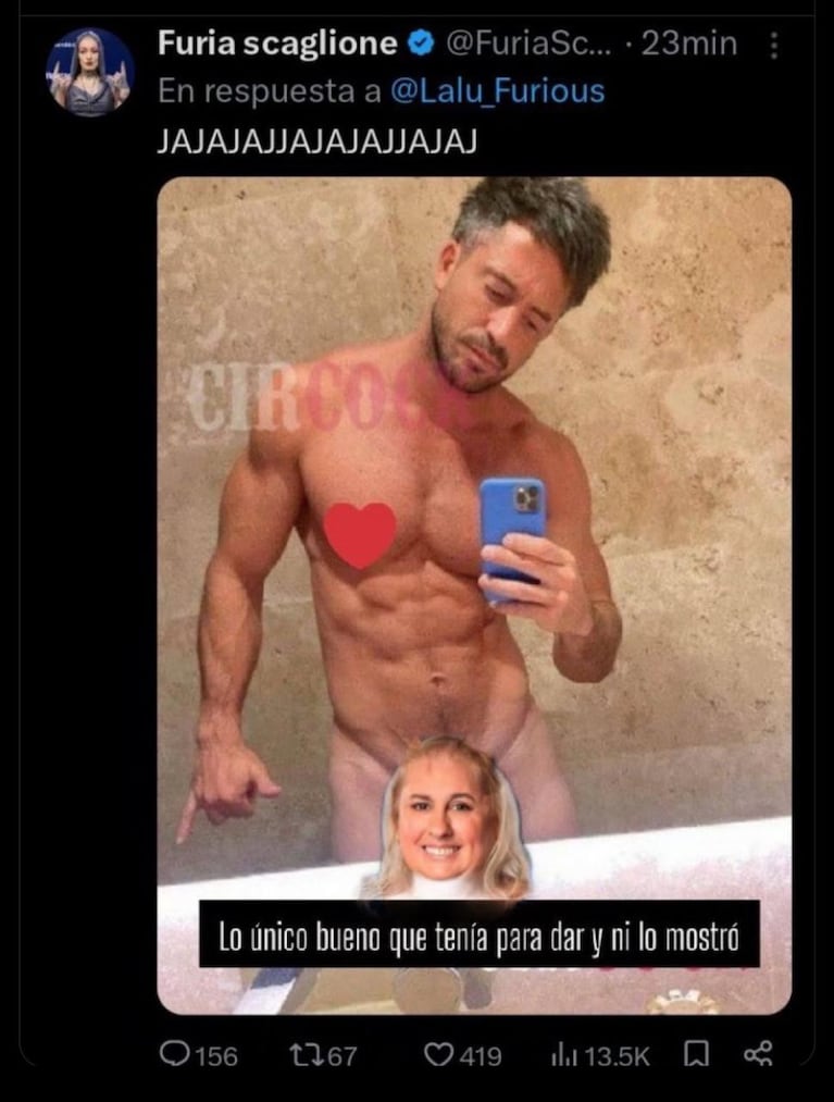 Furia compartió una foto de Juan Pablo “Devi” De Vigili desnudo (Foto: X @elejercitodelam)