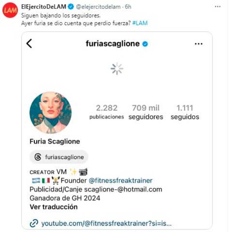 Furia redujo sus seguidores en Instagram  (Foto: Twitter @elejercitodelam)