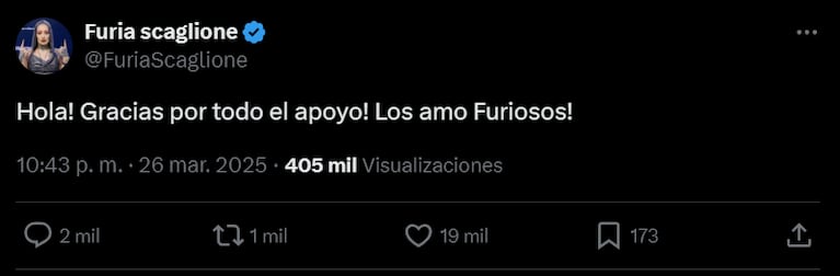 Furia se fue de GH. Foto: X | furiascaglione