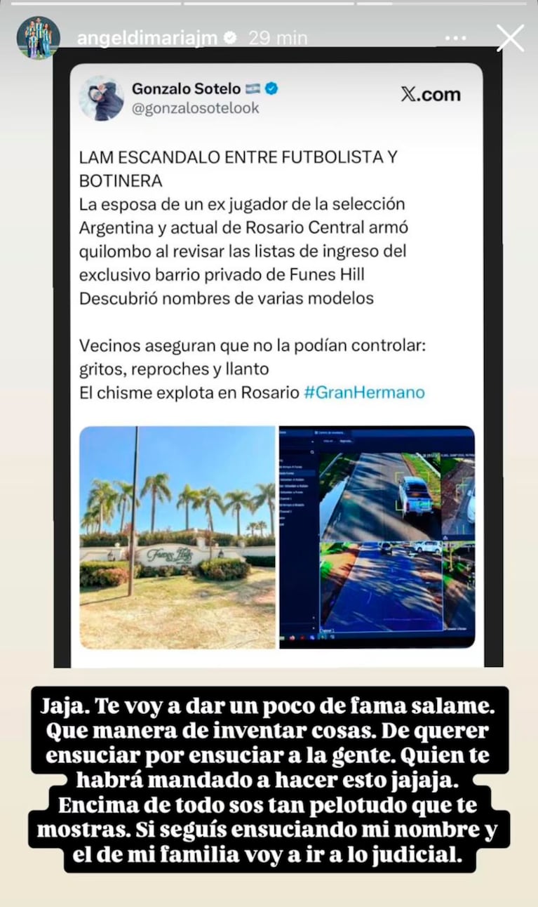 Furia total de Ángel Di María y Jorgelina Cardoso contra un periodista (captura de Instagram)