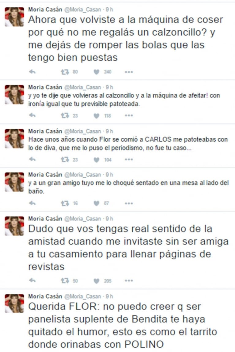 Furibunda catarata de tweets de Moria contra Flor de la Ve: "¿Por qué no me dejás de romper las bolas?"