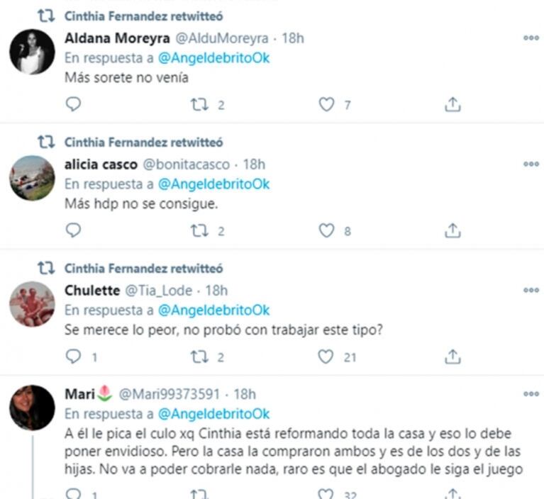 Furiosa catarata de retuits de Cinthia Fernández contra Matías Defederico por pedirle el alquiler de su casa: "Enfermo, hijo de pu… y muerto de hambre"