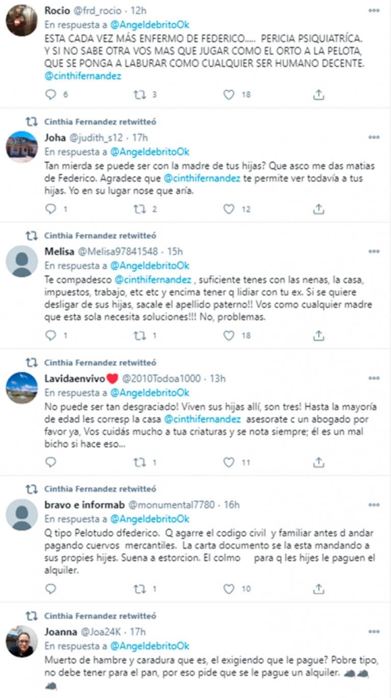 Furiosa catarata de retuits de Cinthia Fernández contra Matías Defederico por pedirle el alquiler de su casa: "Enfermo, hijo de pu… y muerto de hambre"