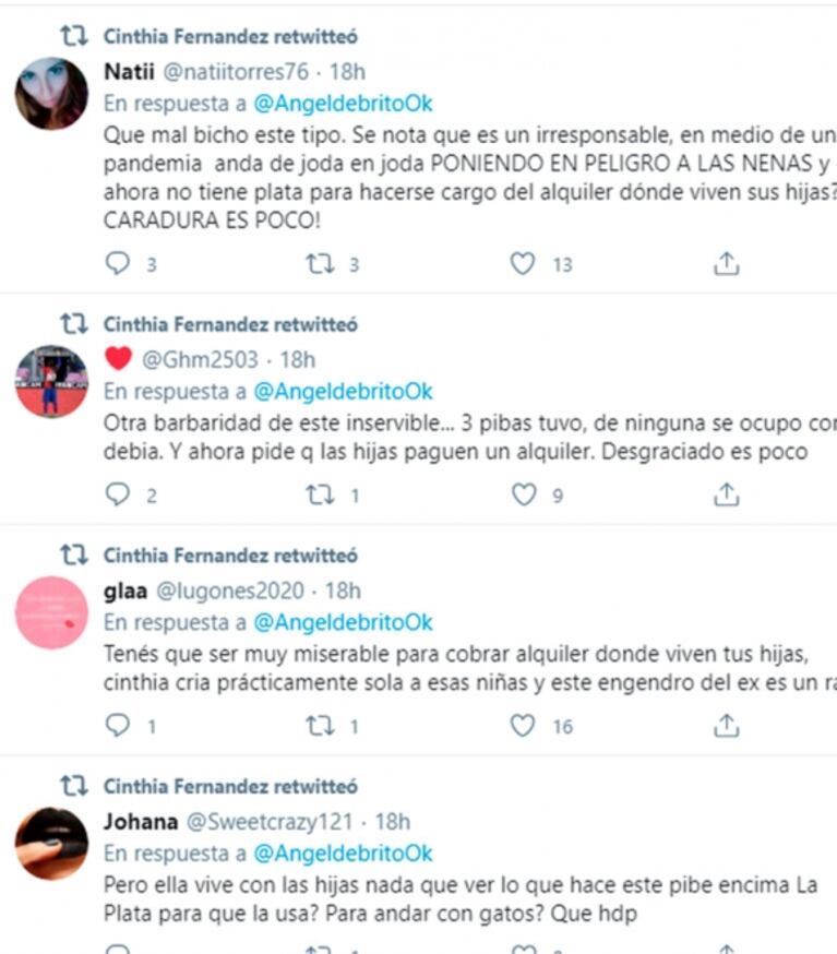 Furiosa catarata de retuits de Cinthia Fernández contra Matías Defederico por pedirle el alquiler de su casa: "Enfermo, hijo de pu… y muerto de hambre"
