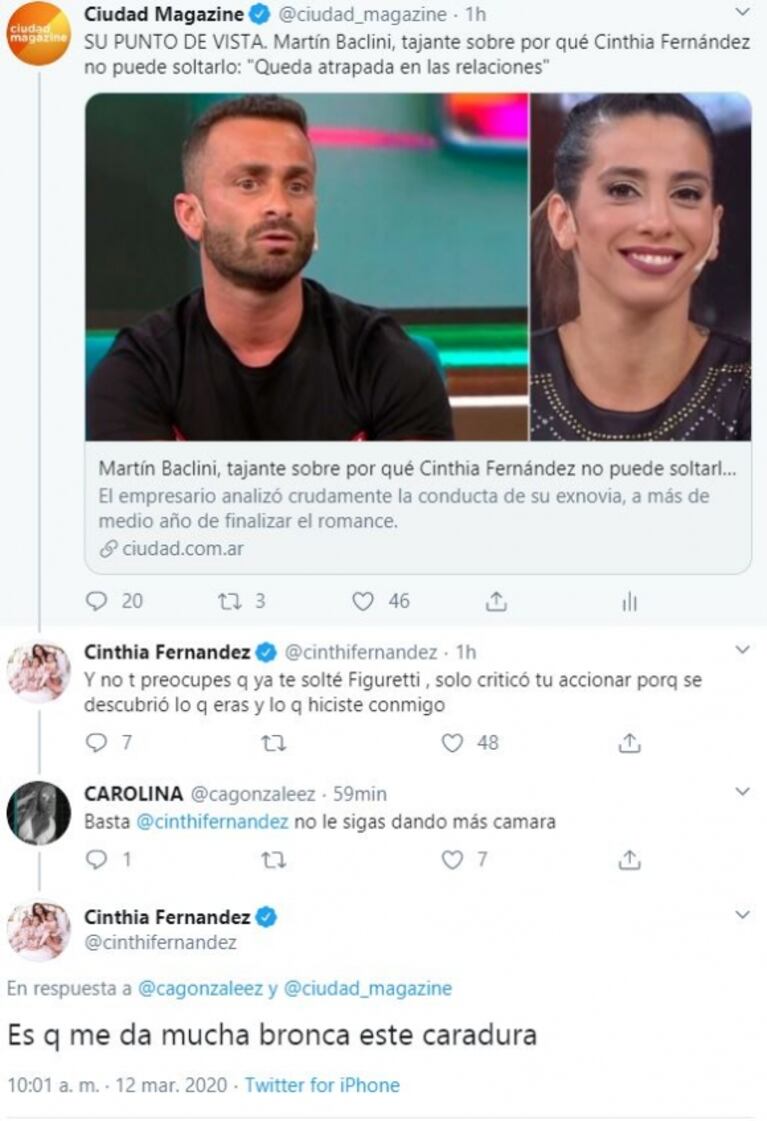 Furiosa catarata de tweets de Cinthia Fernández contra Martín Baclini: "Ya te solté, Figuretti; me das asco"