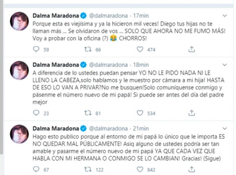 Furiosa catarata de tweets de Dalma Maradona contra el entorno de Diego: "¡No me busquen y pasen su nuevo teléfono!"