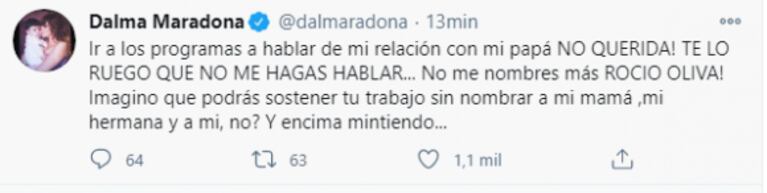 Furiosa catarata de tweets de Dalma Maradona contra Rocío Oliva: "Acordate de lo que hacías en Dubái"