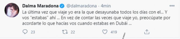 Furiosa catarata de tweets de Dalma Maradona contra Rocío Oliva: "Acordate de lo que hacías en Dubái"