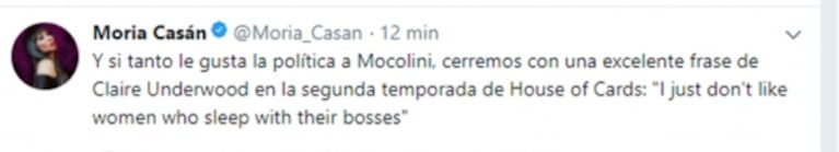 Furiosa catarata de tweets de Moria Casán contra Julia Mengolini: "Si tanto le gusta la política, cito a Claire Underwood; 'no me gustan las mujeres que se acuestan con sus jefes'"