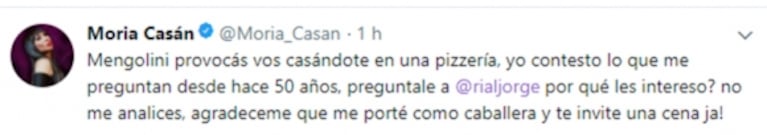 Furiosa catarata de tweets de Moria Casán contra Julia Mengolini: "Si tanto le gusta la política, cito a Claire Underwood; 'no me gustan las mujeres que se acuestan con sus jefes'"