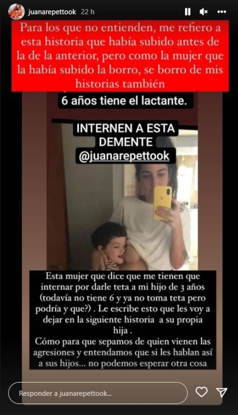 Furiosa reacción de Juana Repetto con un seguidora que la tildó de "demente" por mostrar una foto amantando a su hijo mayor