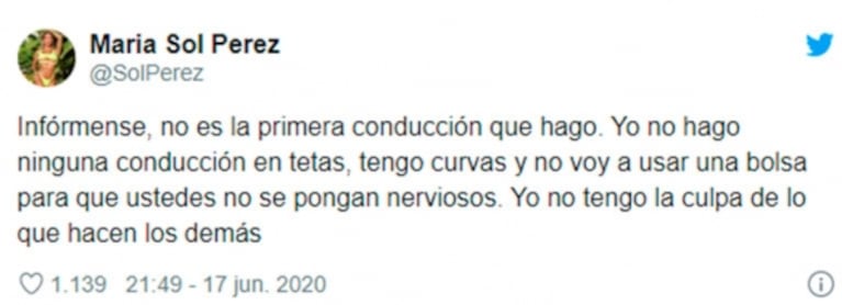 Furiosa reacción de Sol Pérez cuando la compararon con Romina Malaspina: "Yo no muestro las tetas cuando conduzco"